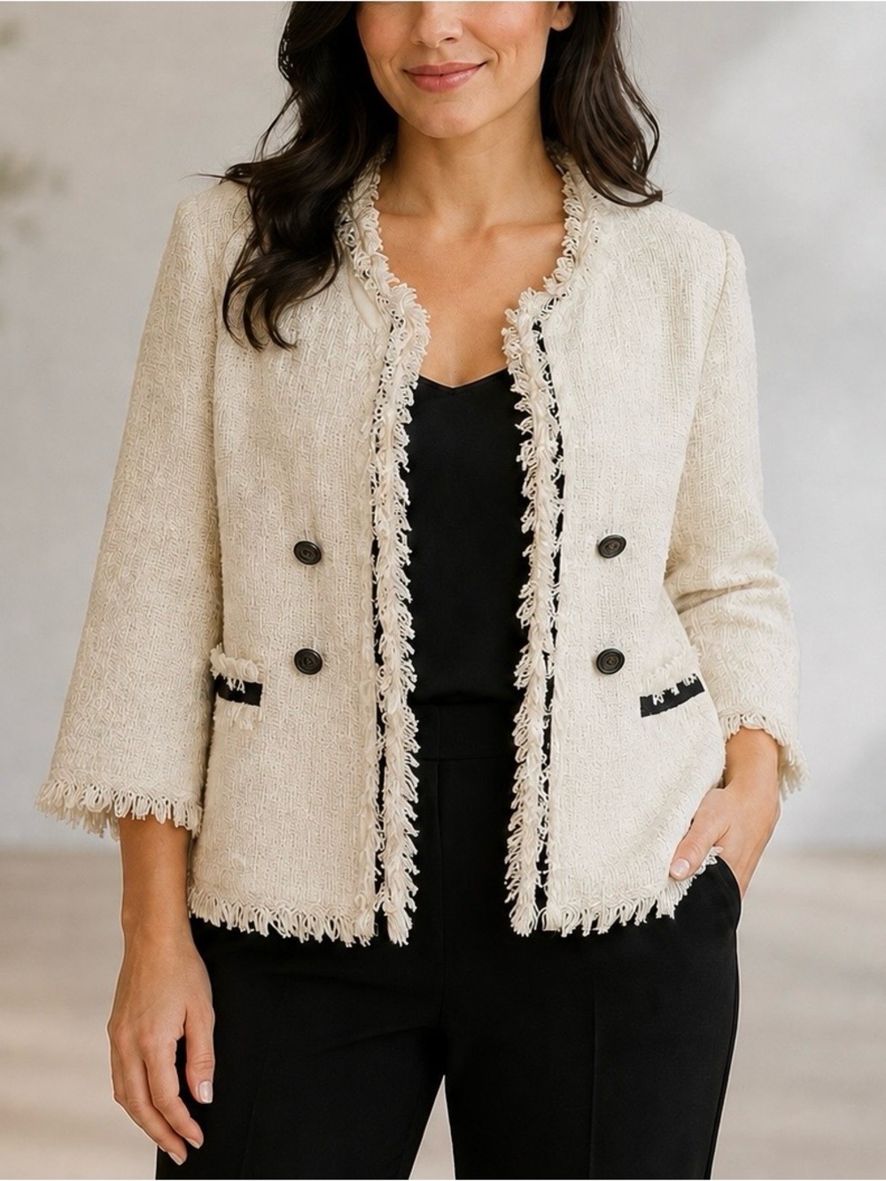 WD.NY Women’s Medium Cream Tweed Fringe Open Front Jacket